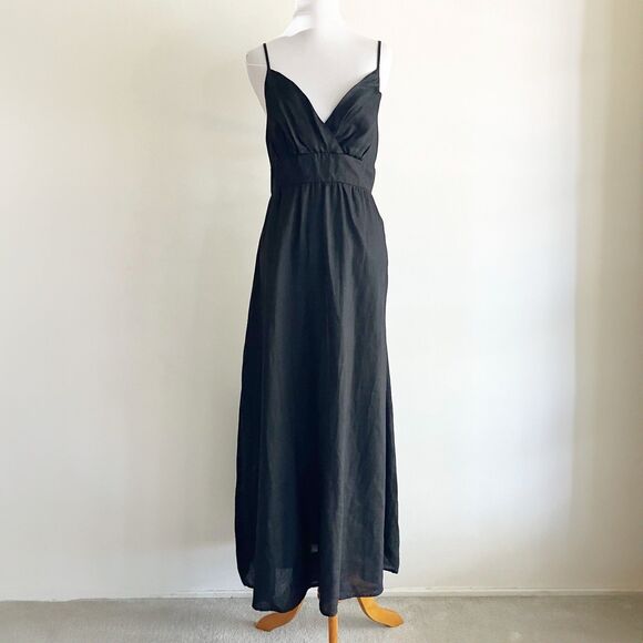 Mossimo Supply Co. Dresses & Skirts - Mossimo 100% Linen Maxi Dress Sz 8 Black Empire Waist Slit Spaghetti Strap 2000s